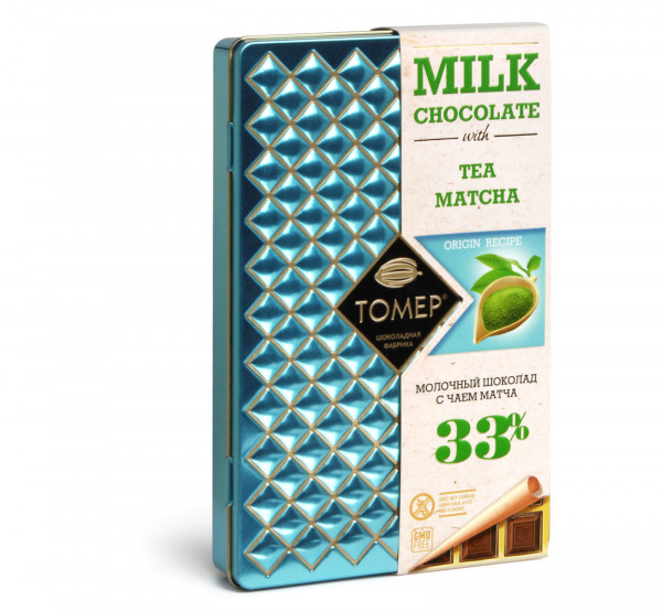 №1 Фабрика Томер металлический бокс Молочный шоколад с чаем МАТЧА ,33%  90г в Александрове
